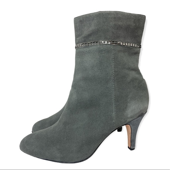 Taryn Rose Shoes - TARYN ROSE size 8.5 M Gray Suede Heeled Ankle Booties Boots Chain detail EUC